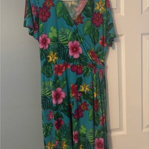 Susan Graver Turquoise Floral Midi Dress with Pink & Red Flowers sz medium NEW